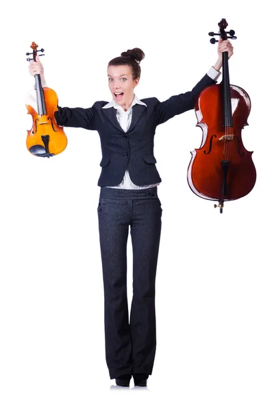 Businesswoman with violing isolated on white — Stock Photo, Image