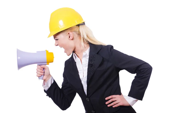 Female construction worker with loudspeaker — Stock Photo, Image