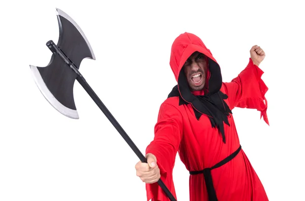 Executioner in red costume with axe on white — Stock Photo, Image