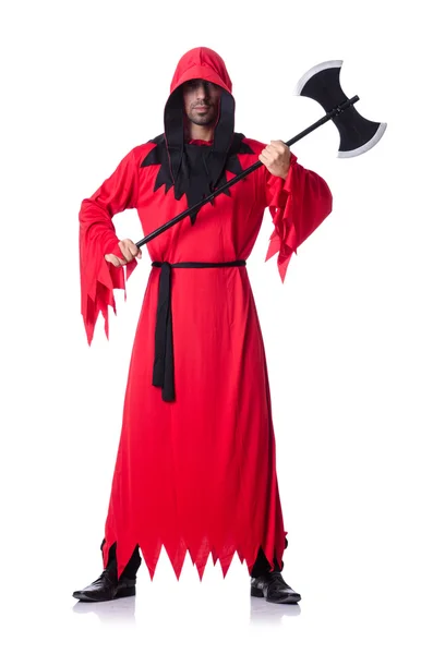 Exécuteur en costume rouge avec hache sur blanc — Photo