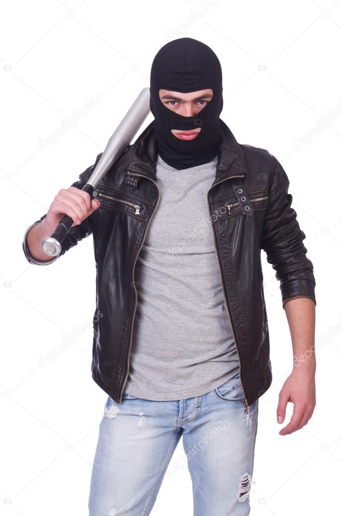 Male hooligan with bat on white