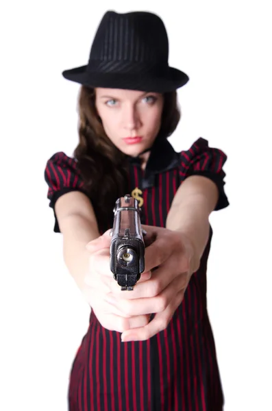 Gangster donna con pistola su bianco — Foto Stock