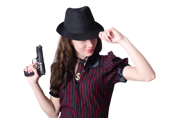 Mulher gangster com pistola no branco — Fotografia de Stock