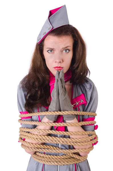 Female stewardess tied with rope — Stock Photo, Image