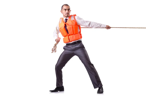 Hombre en chaleco salvavidas aislado en blanco — Foto de Stock