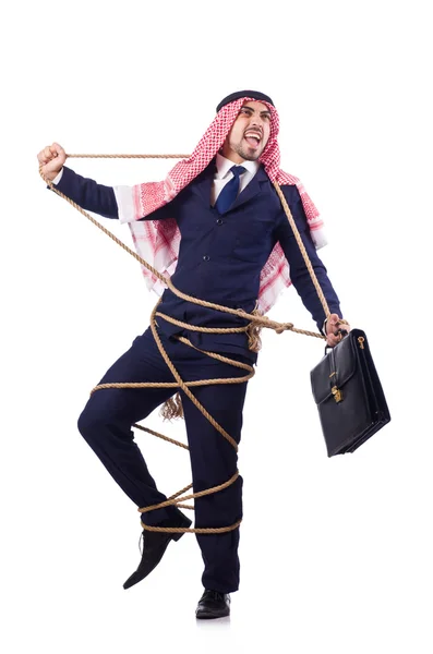 Arab man tied up with rope on white — Stock Photo, Image