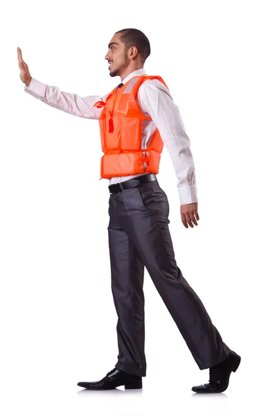 Человек в спасательной куртке изолирован на белом — стоковое фото