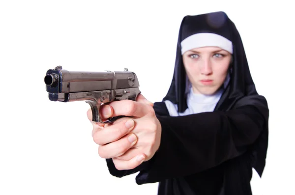 Nun with handgun isolated on white — Stock Photo, Image