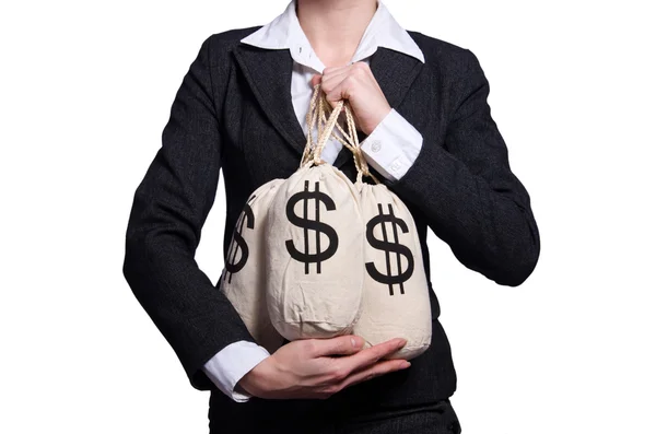 Frau mit Säcken mit Geld auf weiß — Stockfoto