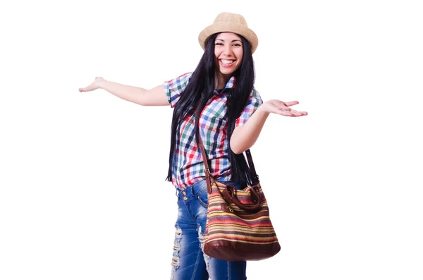 Mujer joven lista para las vacaciones de verano en blanco — Foto de Stock