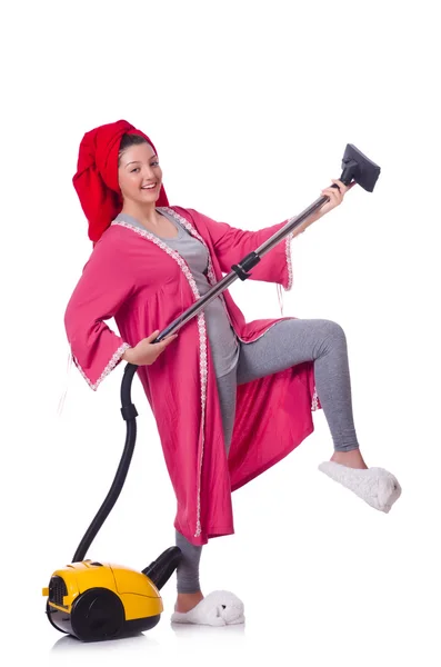 Woman working with vacuum cleaner on white — Stock Photo, Image