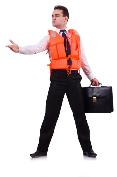 Businessman with rescue safety vest on white — Stock Photo, Image