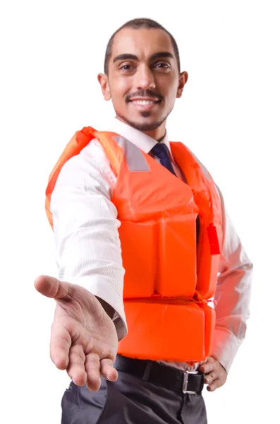 Hombre en chaleco salvavidas aislado en blanco — Foto de Stock