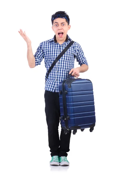 Young guy with travel case on white — Stock Photo, Image