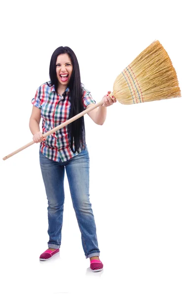 Young woman with broom isolated on white — Stock Photo, Image