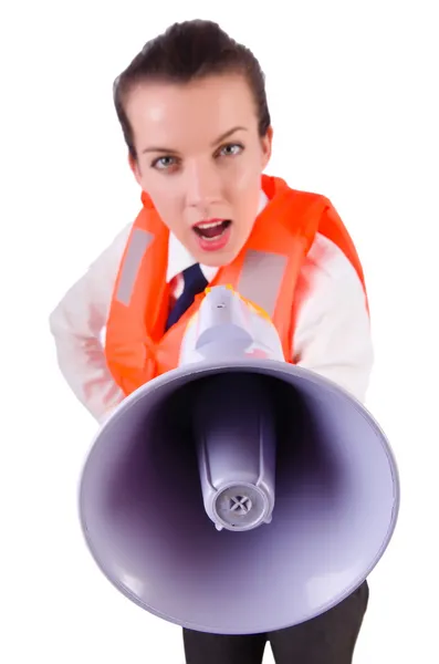 Young woman with vest and loudspeaker on white — Stock Photo, Image