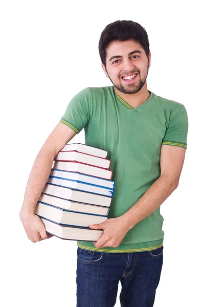 Estudiante con muchos libros sobre blanco — Foto de Stock