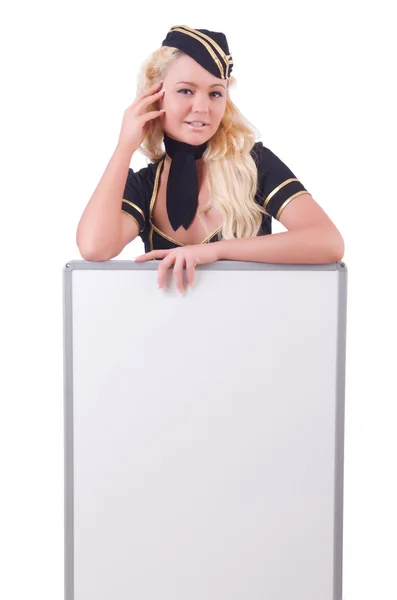 Stewardess with blank board on white — Stock Photo, Image