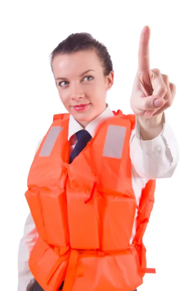 Woman in vest pressing virtual buttons — Stock Photo, Image