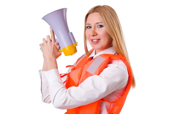 Young woman with vest and loudspeaker on white — Stock Photo, Image