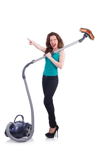 Young woman with vacuum cleaner on white — Stock Photo, Image