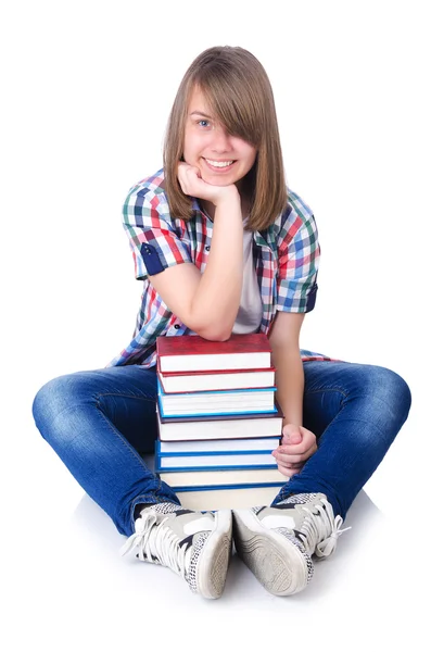 Studentin mit Büchern auf Weiß — Stockfoto