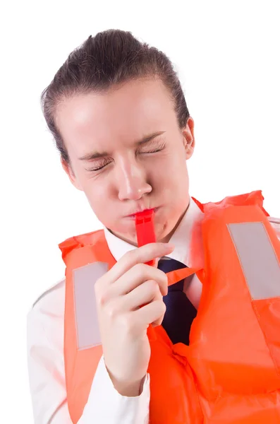 Young woman with life vest on white — Stock Photo, Image