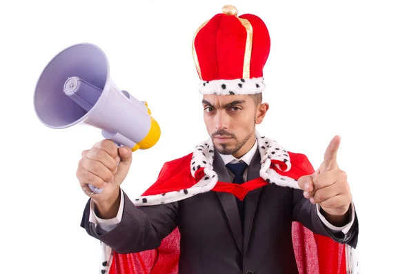 King businessman with loudspeaker isolated on white — Stock Photo, Image