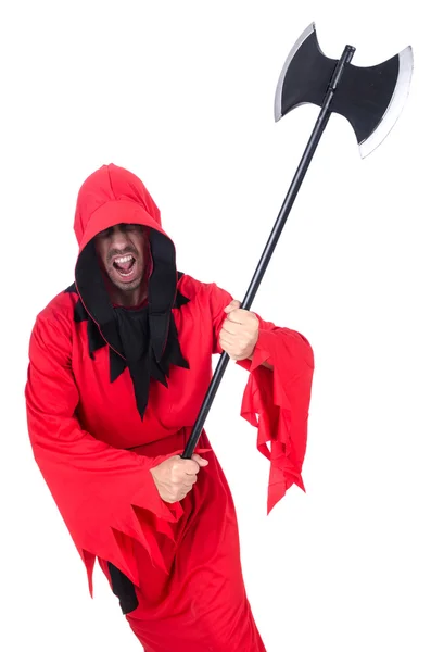 Executioner in red costume with axe on white — Stock Photo, Image