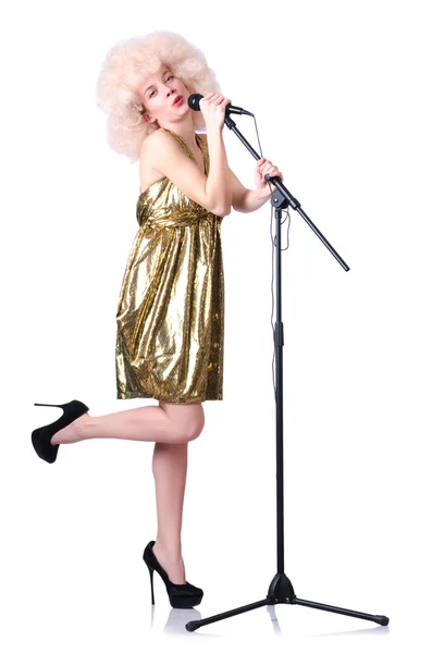 Estrela pop com microfone no branco — Fotografia de Stock