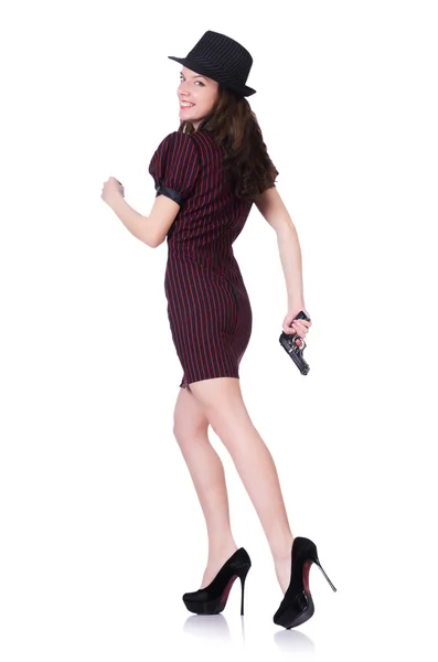 Woman gangster with handgun on white — Stock Photo, Image