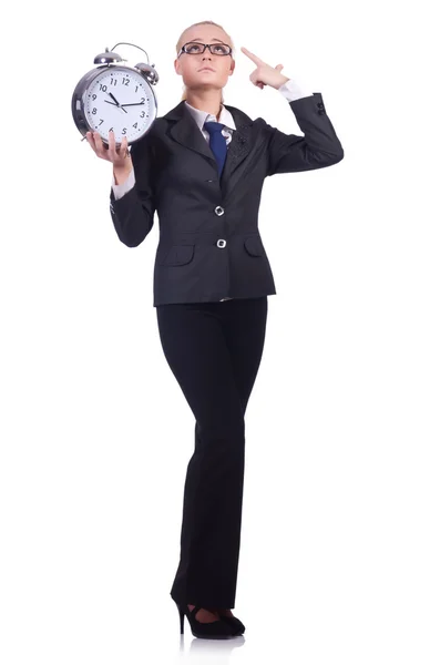 Femme avec horloge géante sur blanc — Photo