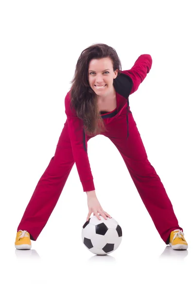 Giovane donna con calcio su bianco — Foto Stock