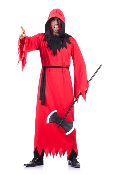 Executioner in red costume with axe on white — Stock Photo, Image