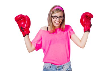 genç bir bayanla beyaz Boks eldiveni