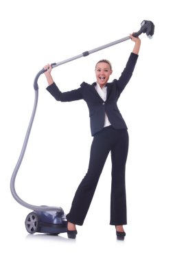 iş kadını ile beyaz elektrikli süpürge