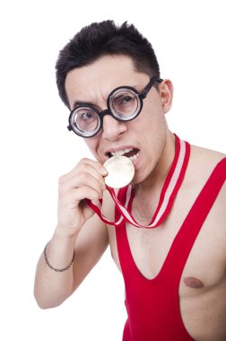 Funny wrestler with winners medal clipart
