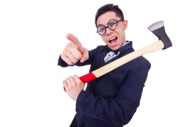 beyaz üzerine balta ile komik adam