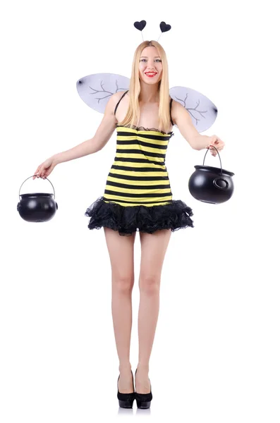 Frau im Bienenkostüm isoliert auf Weiß — Stockfoto