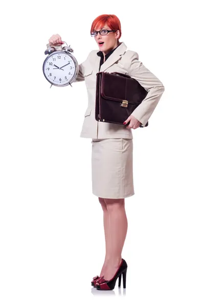 Woman with clock isolated on white — Stock Photo, Image