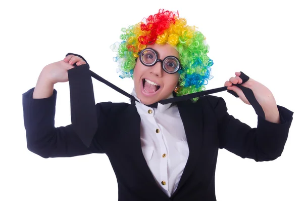 Vrouw clown zakenvrouw geïsoleerd op wit — Stockfoto