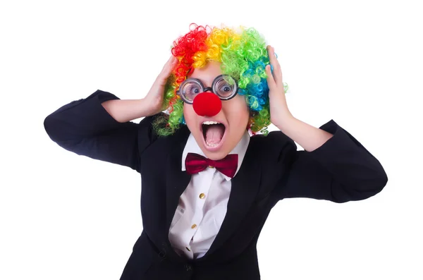 Frau Clown Geschäftsfrau isoliert auf weiß — Stockfoto