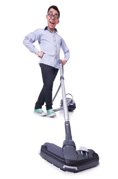 Funny man with vacuum cleaner on white — Stock Photo, Image