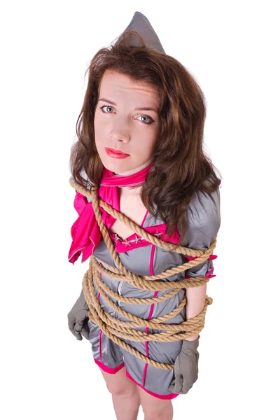 Female stewardess tied with rope — Stock Photo, Image