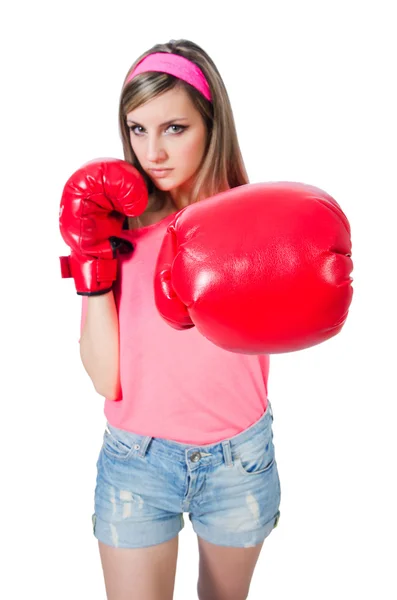 Jonge dame met bokshandschoenen op wit — Stockfoto