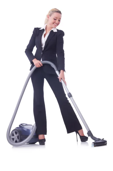 Businesswoman with vacuum cleaner on white — Stock Photo, Image