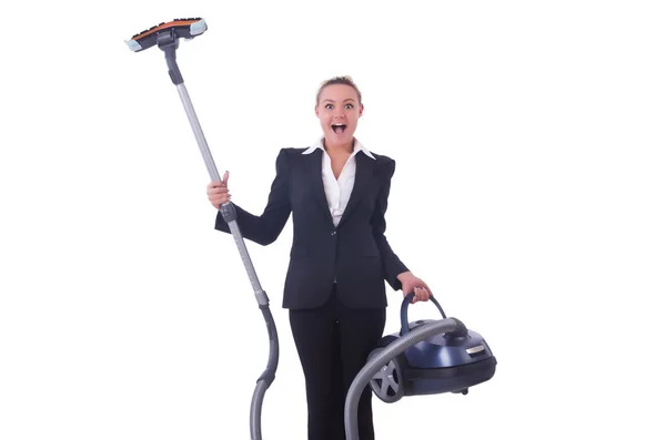 Businesswoman with vacuum cleaner on white — Stock Photo, Image