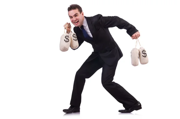 Man with money sacks on white — Stock Photo, Image