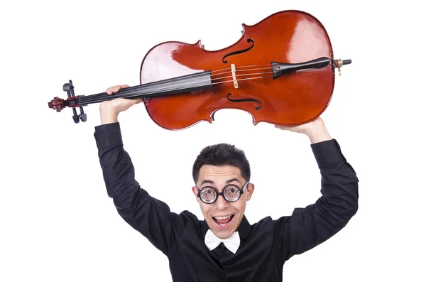 Uomo divertente con violino su bianco — Foto Stock