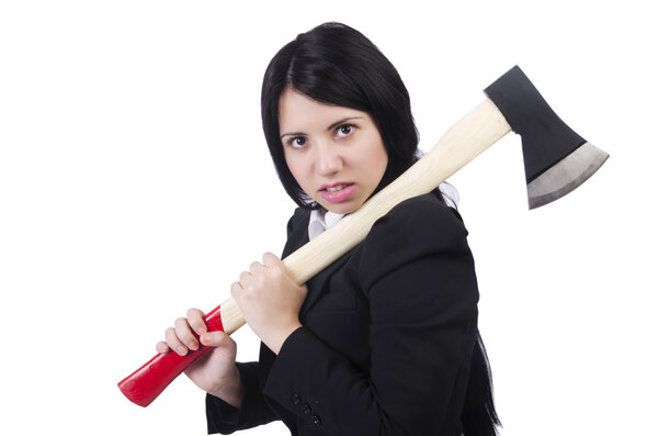 Angry businesswoman with axe on white